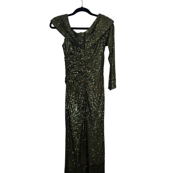 leena For Mac Duggal Size 2 Sequined Olive Green Long Sleeve Gown Draped Collar - Picture 11 of 16